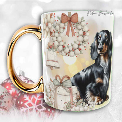 Tazza COZY WINTER - BASSOTTO TEDESCO a Pelo Lungo Arlecchino Nero - In Ceramica, con manico color Oro - 330 ml