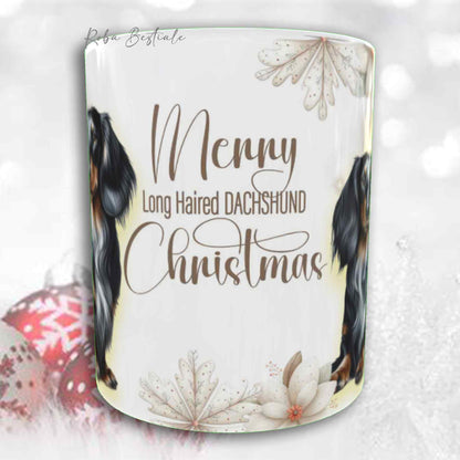 Tazza COZY WINTER - BASSOTTO TEDESCO a Pelo Lungo Arlecchino Nero - In Ceramica, con manico color Oro - 330 ml