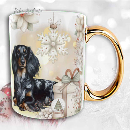 Tazza COZY WINTER - BASSOTTO TEDESCO a Pelo Lungo Arlecchino Nero - In Ceramica, con manico color Oro - 330 ml