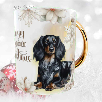 Tazza COZY WINTER - BASSOTTO TEDESCO a Pelo Lungo Arlecchino Nero - In Ceramica, con manico color Oro - 330 ml