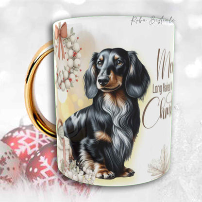 Tazza COZY WINTER - BASSOTTO TEDESCO a Pelo Lungo Arlecchino Nero - In Ceramica, con manico color Oro - 330 ml