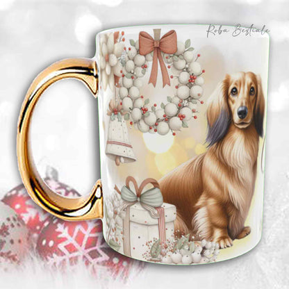 Tazza COZY WINTER - BASSOTTO TEDESCO a Pelo Lungo Fulvo - In Ceramica, con manico color Oro - 330 ml