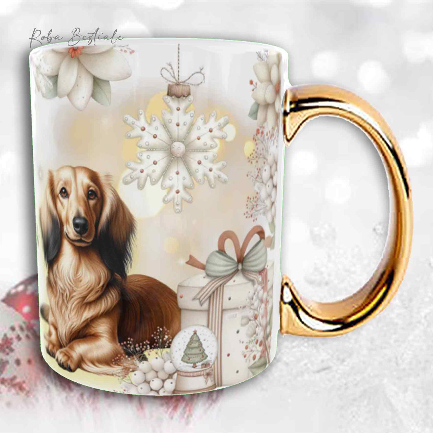 Tazza COZY WINTER - BASSOTTO TEDESCO a Pelo Lungo Fulvo - In Ceramica, con manico color Oro - 330 ml