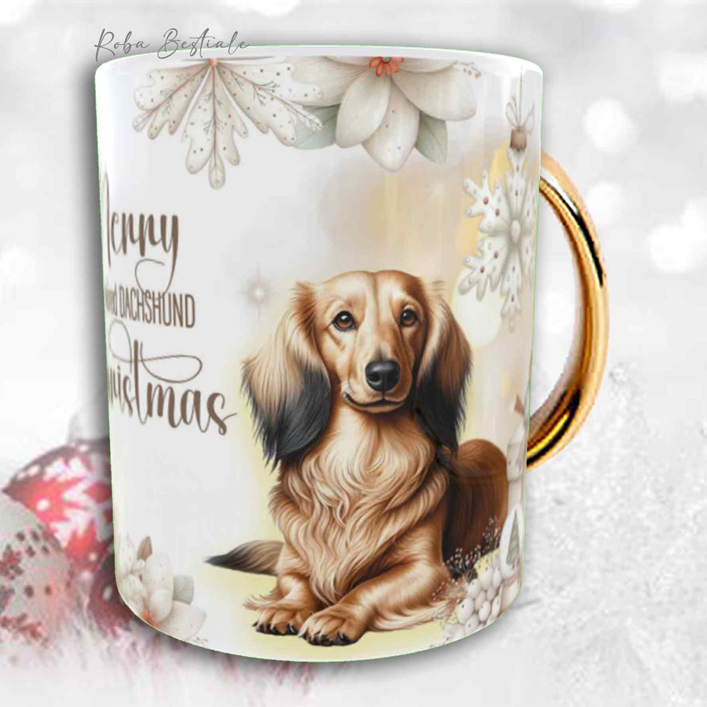 Tazza COZY WINTER - BASSOTTO TEDESCO a Pelo Lungo Fulvo - In Ceramica, con manico color Oro - 330 ml