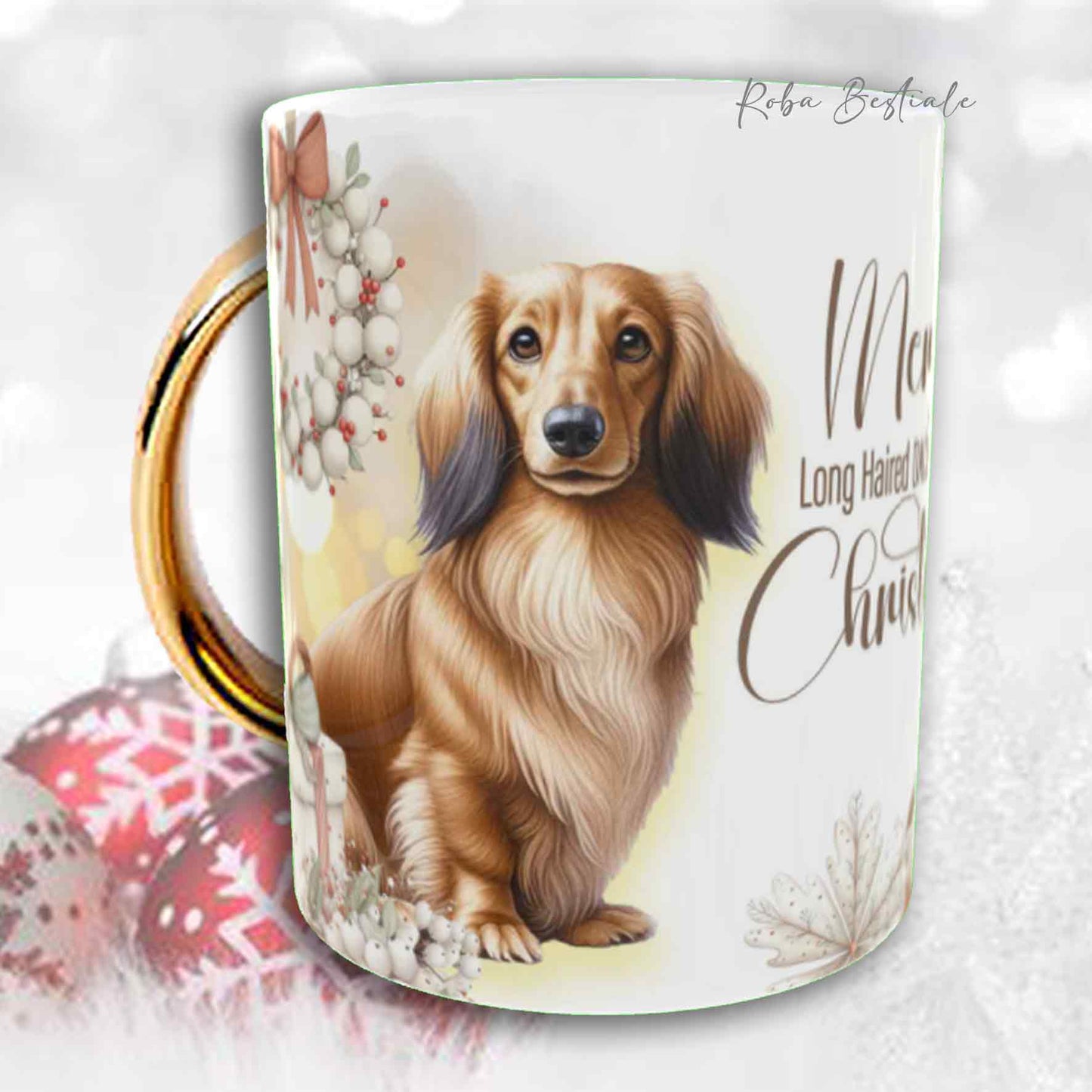 Tazza COZY WINTER - BASSOTTO TEDESCO a Pelo Lungo Fulvo - In Ceramica, con manico color Oro - 330 ml