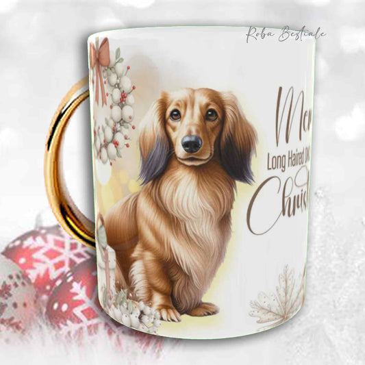 Tazza COZY WINTER - BASSOTTO TEDESCO a Pelo Lungo Fulvo - In Ceramica, con manico color Oro - 330 ml