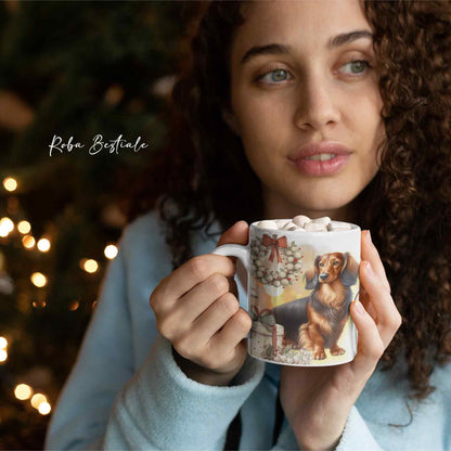 Tazza COZY WINTER - BASSOTTO TEDESCO a Pelo Lungo Marrone Focato - In Ceramica, con manico color Oro - 330 ml