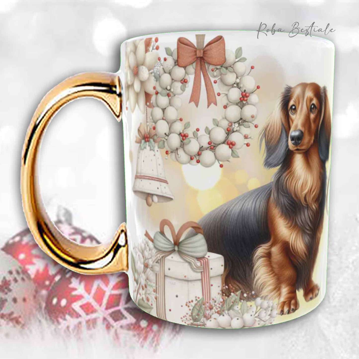 Tazza COZY WINTER - BASSOTTO TEDESCO a Pelo Lungo Marrone Focato - In Ceramica, con manico color Oro - 330 ml