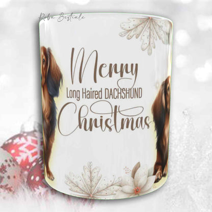 Tazza COZY WINTER - BASSOTTO TEDESCO a Pelo Lungo Marrone Focato - In Ceramica, con manico color Oro - 330 ml