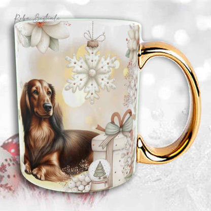 Tazza COZY WINTER - BASSOTTO TEDESCO a Pelo Lungo Marrone Focato - In Ceramica, con manico color Oro - 330 ml