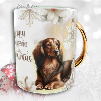 Tazza COZY WINTER - BASSOTTO TEDESCO a Pelo Lungo Marrone Focato - In Ceramica, con manico color Oro - 330 ml