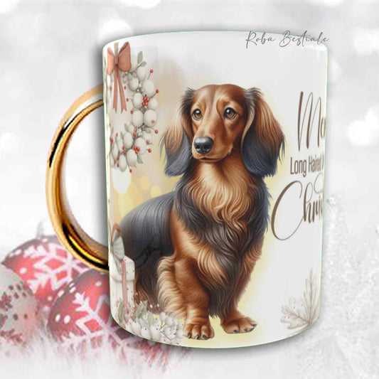 Tazza COZY WINTER - BASSOTTO TEDESCO a Pelo Lungo Marrone Focato - In Ceramica, con manico color Oro - 330 ml