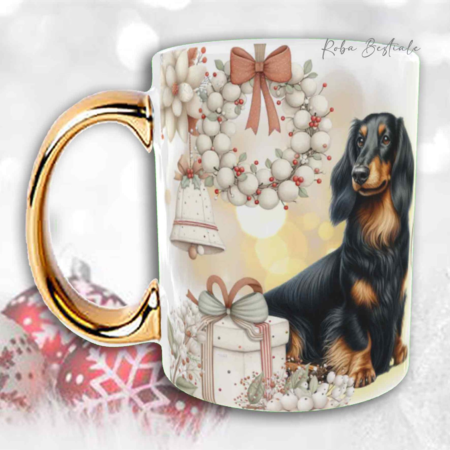 Tazza COZY WINTER - BASSOTTO TEDESCO a Pelo Lungo Nero Focato - In Ceramica, con manico color Oro - 330 ml