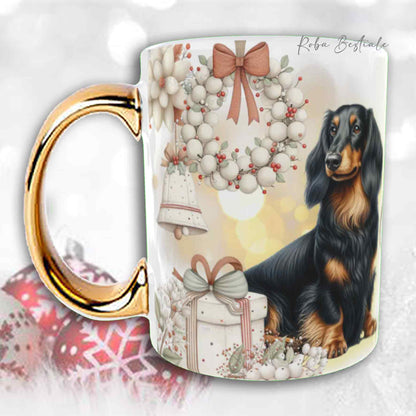 Tazza COZY WINTER - BASSOTTO TEDESCO a Pelo Lungo Nero Focato - In Ceramica, con manico color Oro - 330 ml