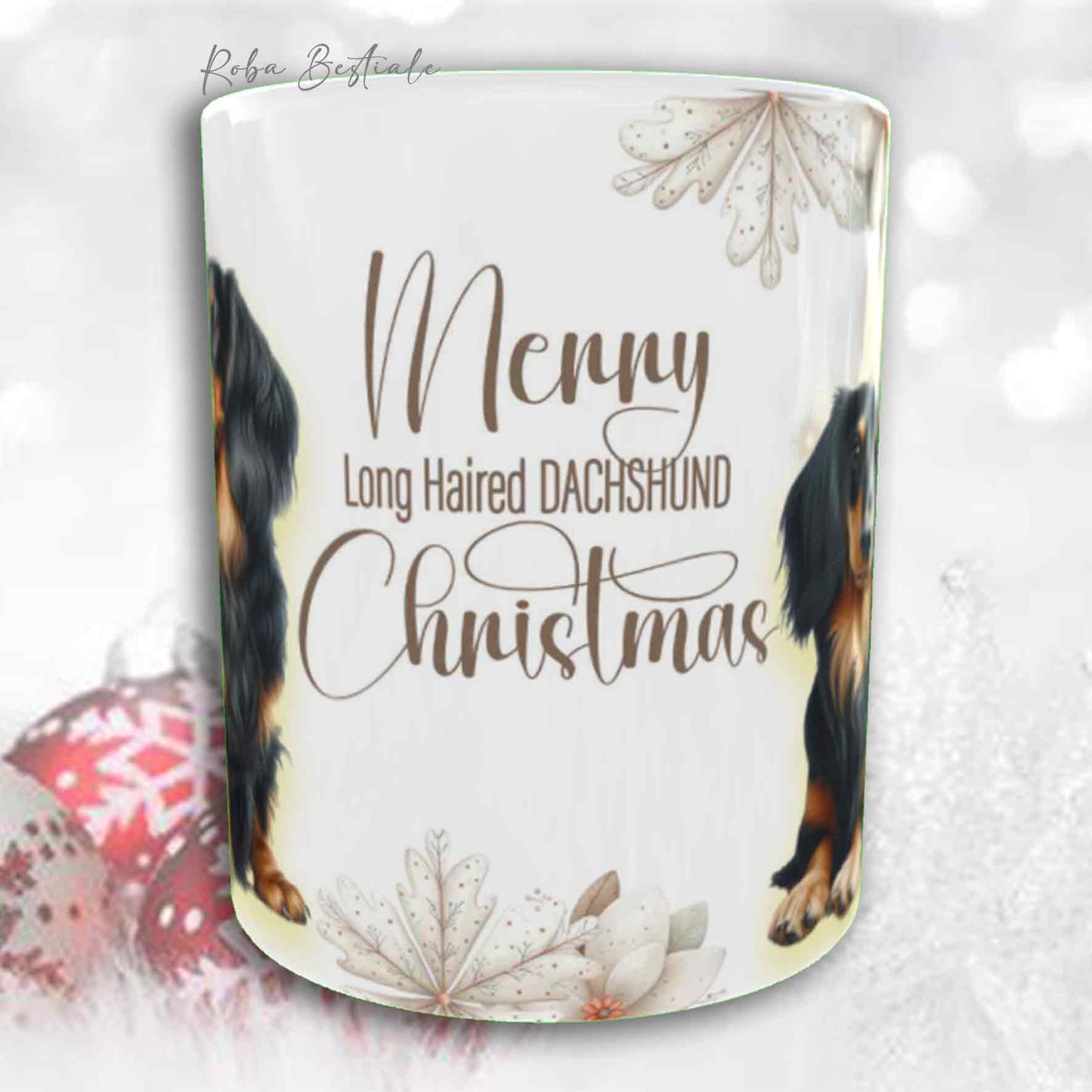 Tazza COZY WINTER - BASSOTTO TEDESCO a Pelo Lungo Nero Focato - In Ceramica, con manico color Oro - 330 ml