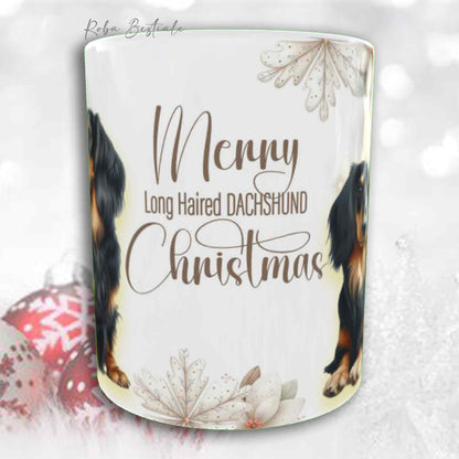 Tazza COZY WINTER - BASSOTTO TEDESCO a Pelo Lungo Nero Focato - In Ceramica, con manico color Oro - 330 ml