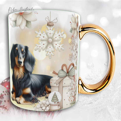 Tazza COZY WINTER - BASSOTTO TEDESCO a Pelo Lungo Nero Focato - In Ceramica, con manico color Oro - 330 ml