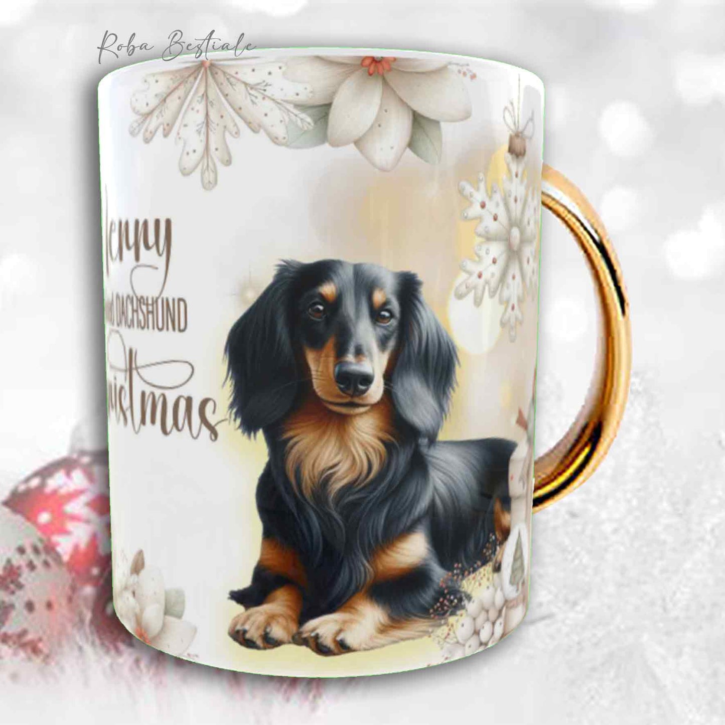 Tazza COZY WINTER - BASSOTTO TEDESCO a Pelo Lungo Nero Focato - In Ceramica, con manico color Oro - 330 ml