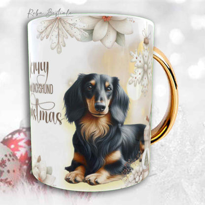 Tazza COZY WINTER - BASSOTTO TEDESCO a Pelo Lungo Nero Focato - In Ceramica, con manico color Oro - 330 ml