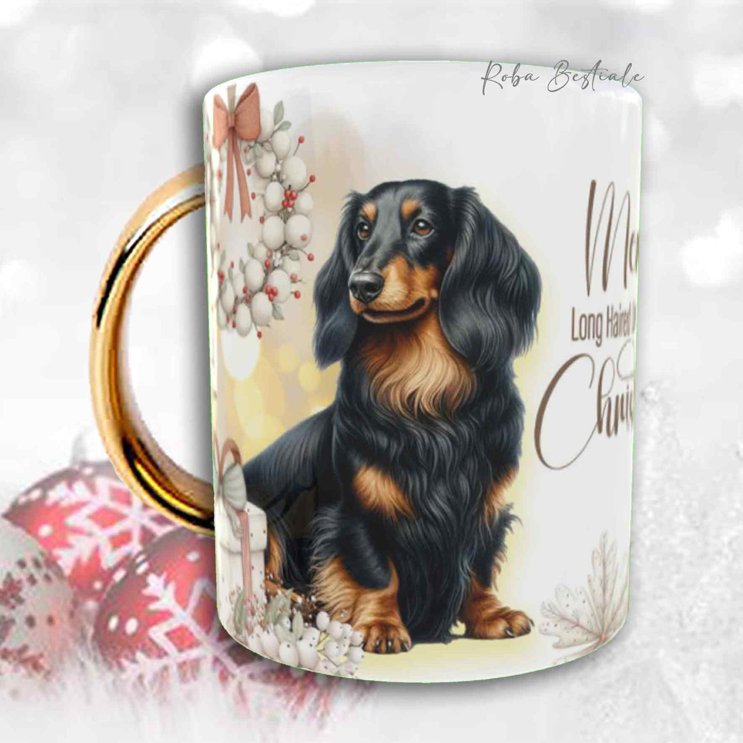 Tazza COZY WINTER - BASSOTTO TEDESCO a Pelo Lungo Nero Focato - In Ceramica, con manico color Oro - 330 ml