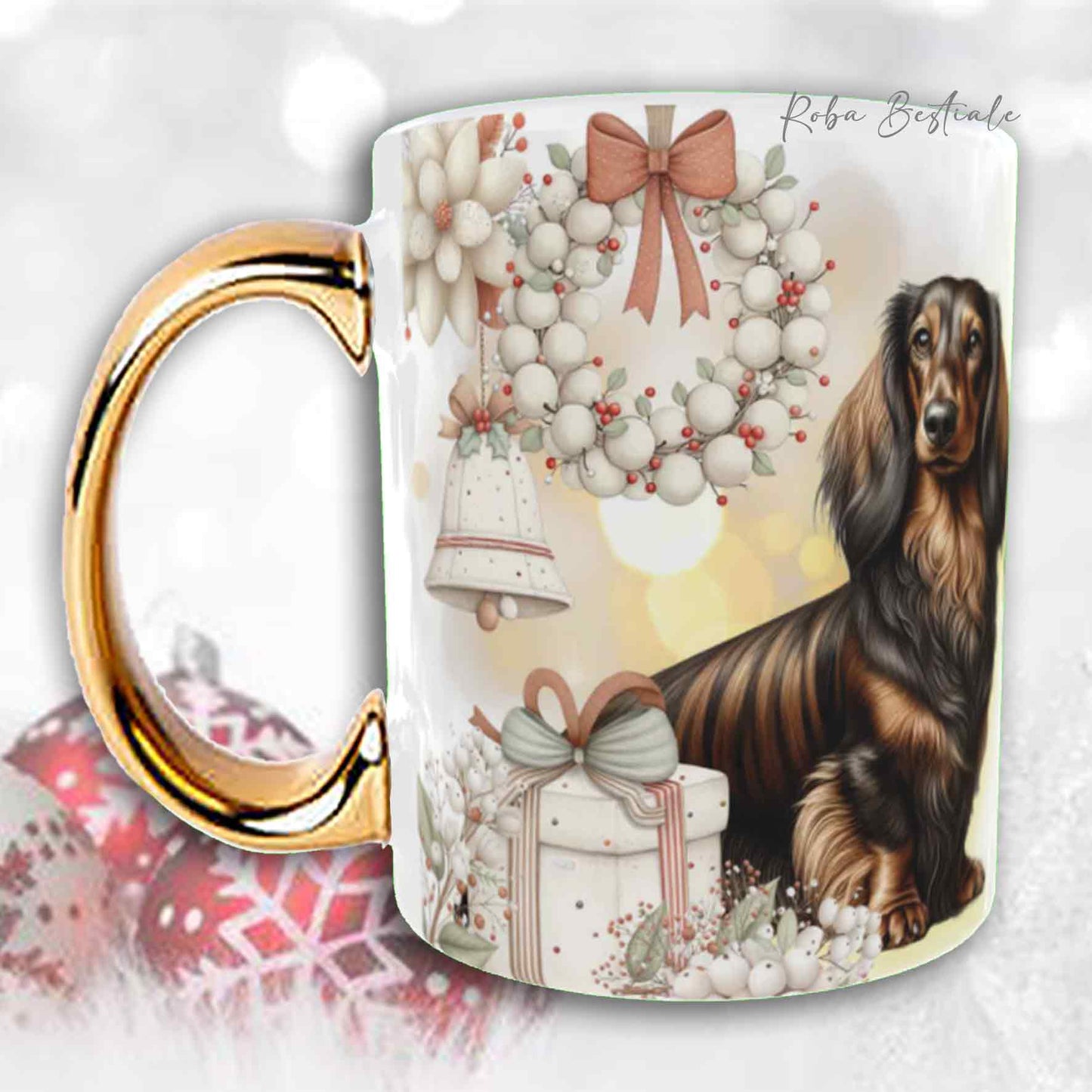 Tazza COZY WINTER - BASSOTTO TEDESCO a Pelo Lungo Tigrato - In Ceramica, con manico color Oro - 330 ml