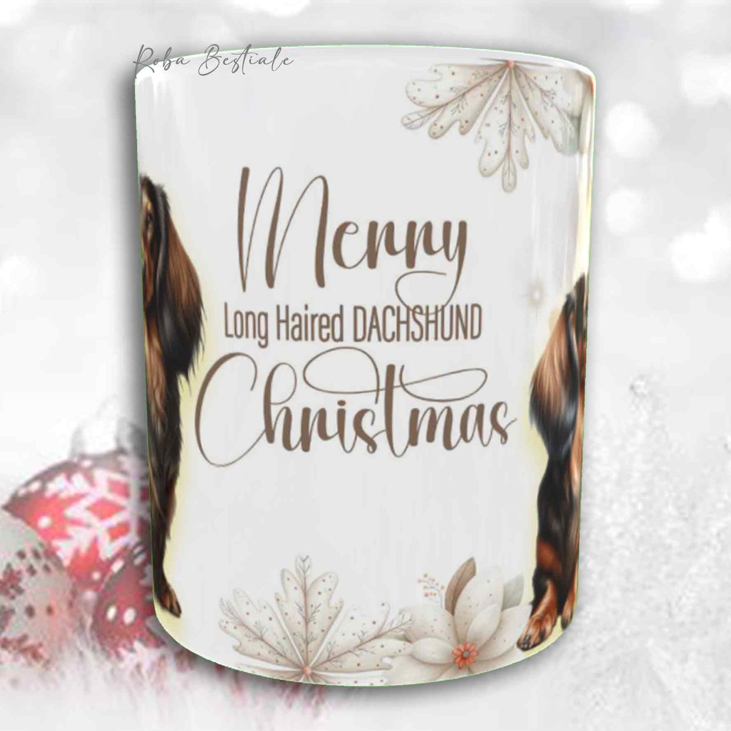 Tazza COZY WINTER - BASSOTTO TEDESCO a Pelo Lungo Tigrato - In Ceramica, con manico color Oro - 330 ml