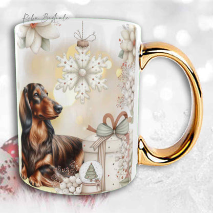 Tazza COZY WINTER - BASSOTTO TEDESCO a Pelo Lungo Tigrato - In Ceramica, con manico color Oro - 330 ml