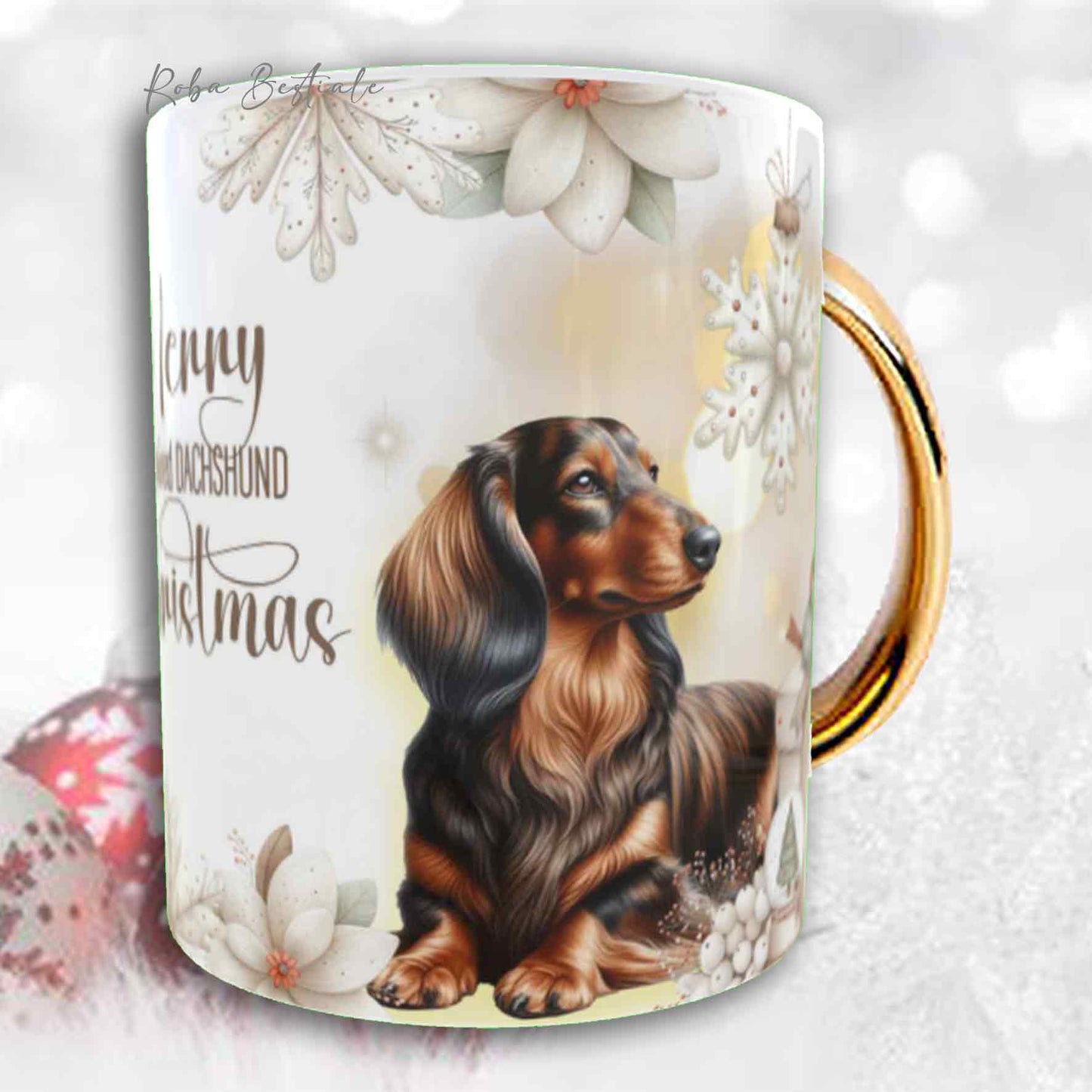 Tazza COZY WINTER - BASSOTTO TEDESCO a Pelo Lungo Tigrato - In Ceramica, con manico color Oro - 330 ml