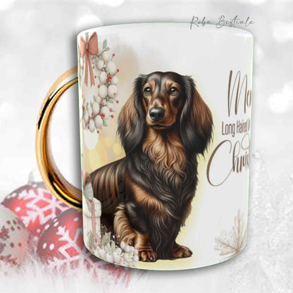 Tazza COZY WINTER - BASSOTTO TEDESCO a Pelo Lungo Tigrato - In Ceramica, con manico color Oro - 330 ml