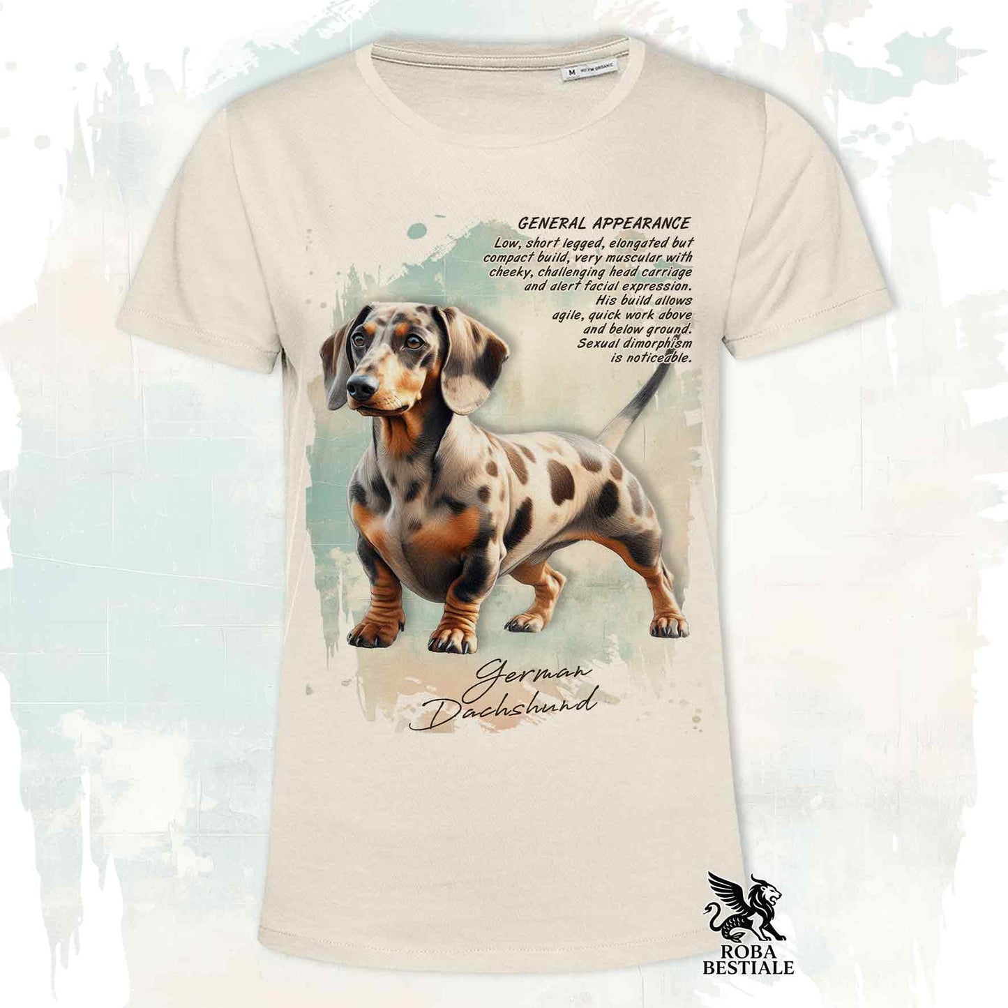 T-Shirt APPEARANCE - Harlequin Fawn Smooth-Haired Dachshund - White or Beige, Men's or Women's - from XS to 5XL