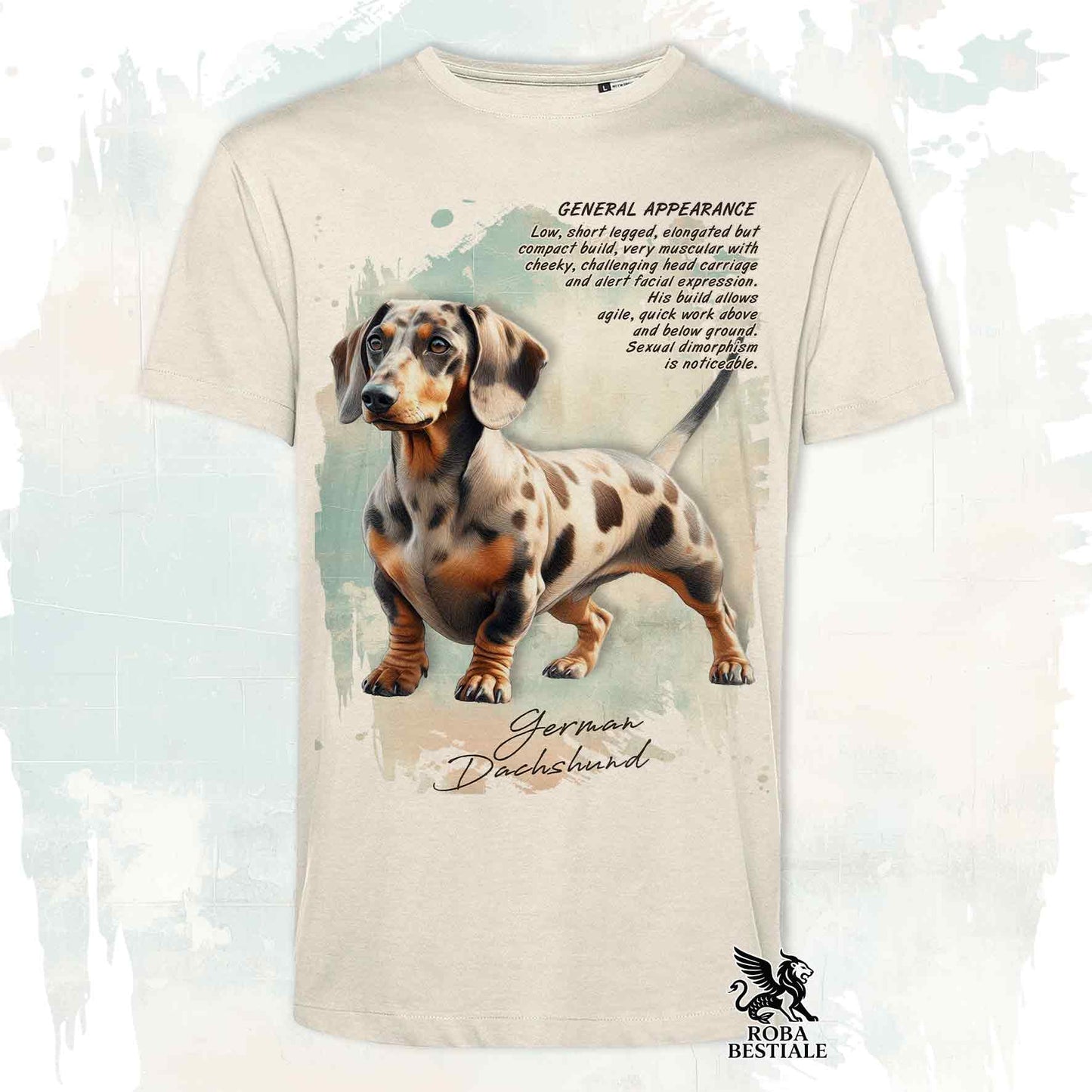 T-Shirt APPEARANCE - Harlequin Fawn Smooth-Haired Dachshund - White or Beige, Men's or Women's - from XS to 5XL