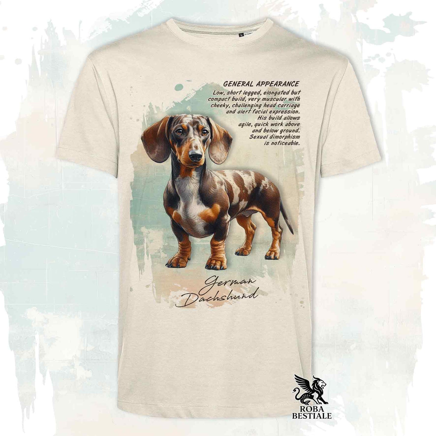 T-Shirt APPEARANCE - Brown Harlequin Smooth-Haired Dachshund - White or Beige, for Men or Women - from XS to 5XL