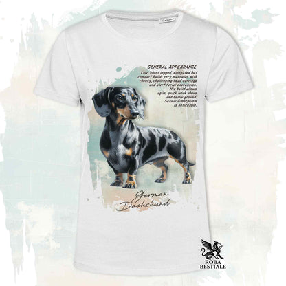 T-Shirt APPEARANCE - Harlequin Black Smooth Dachshund - White or Beige, Men's or Women's - from XS to 5XL