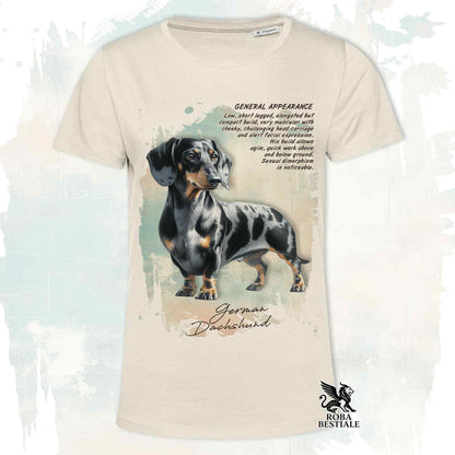T-Shirt APPEARANCE - Harlequin Black Smooth Dachshund - White or Beige, Men's or Women's - from XS to 5XL