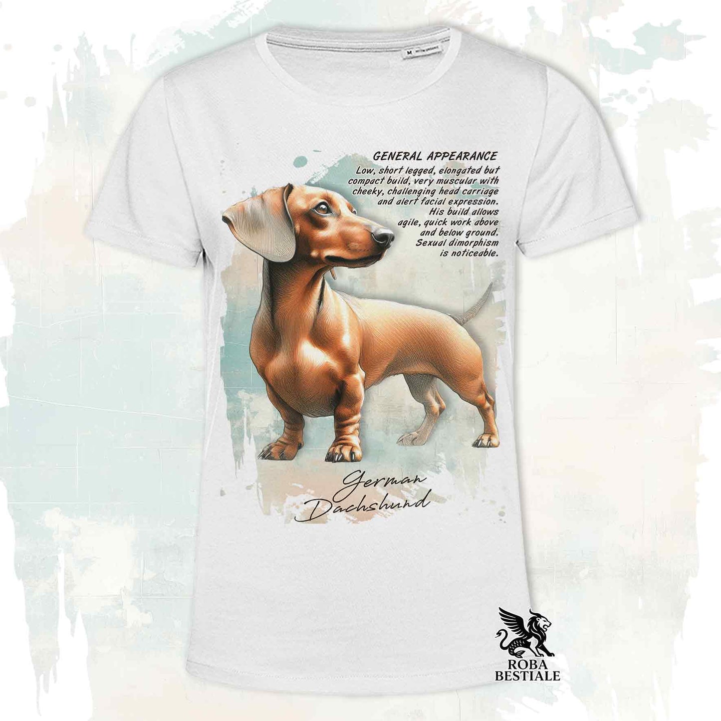 T-Shirt APPEARANCE - Smooth-Haired Fawn Dachshund - White or Beige, for Men or Women - from XS to 5XL