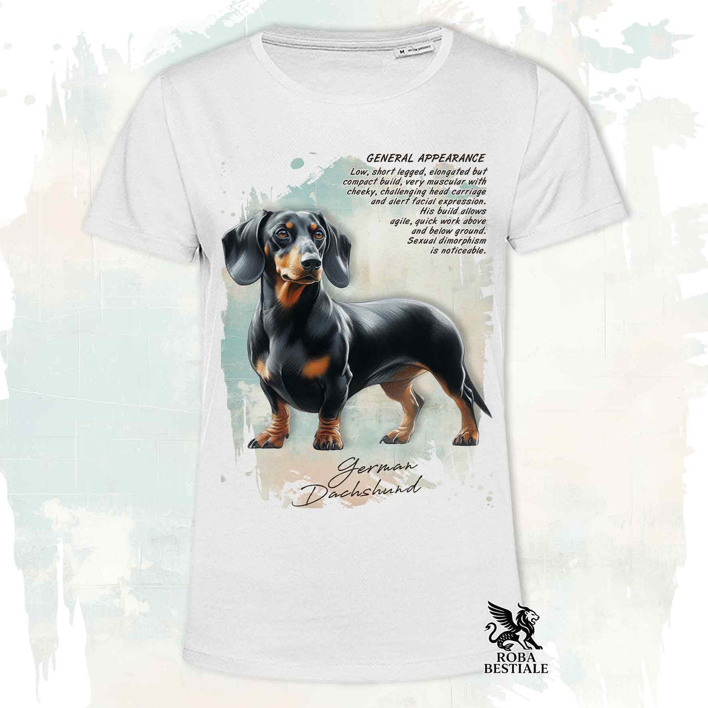T-Shirt APPEARANCE - Smooth-Haired Black and Tan Dachshund - White or Beige, Men's or Women's - from XS to 5XL