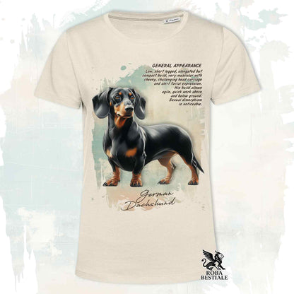 T-Shirt APPEARANCE - Smooth-Haired Black and Tan Dachshund - White or Beige, Men's or Women's - from XS to 5XL