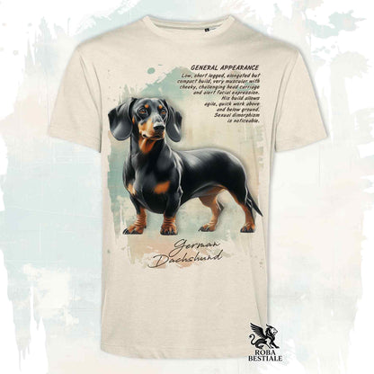 T-Shirt APPEARANCE - Smooth-Haired Black and Tan Dachshund - White or Beige, Men's or Women's - from XS to 5XL