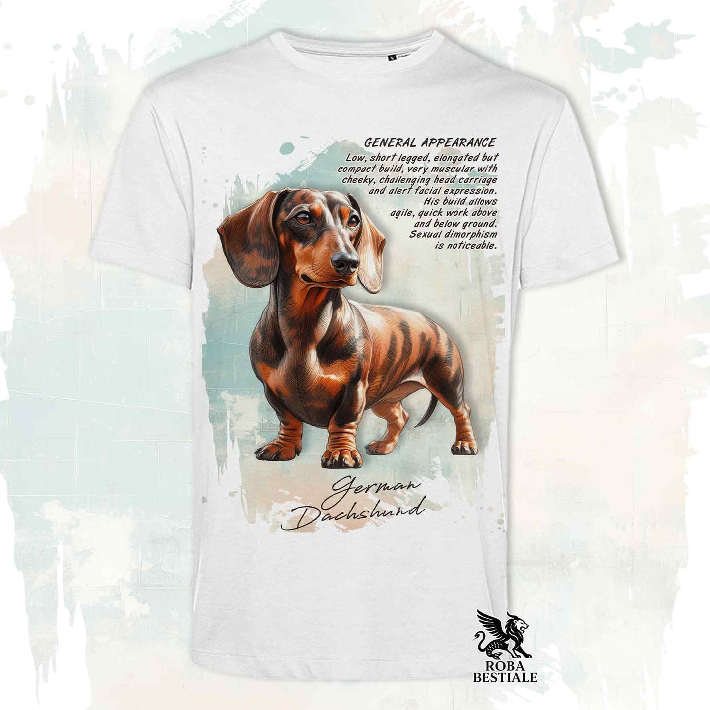 T-Shirt APPEARANCE - Brindle Smooth-Haired Dachshund - White or Beige, for Men or Women - from XS to 5XL
