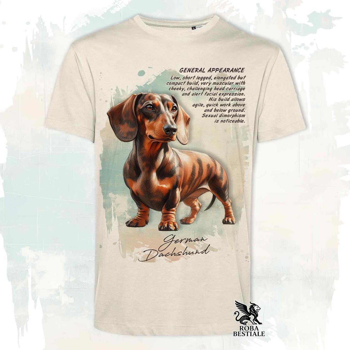 T-Shirt APPEARANCE - Brindle Smooth-Haired Dachshund - White or Beige, for Men or Women - from XS to 5XL