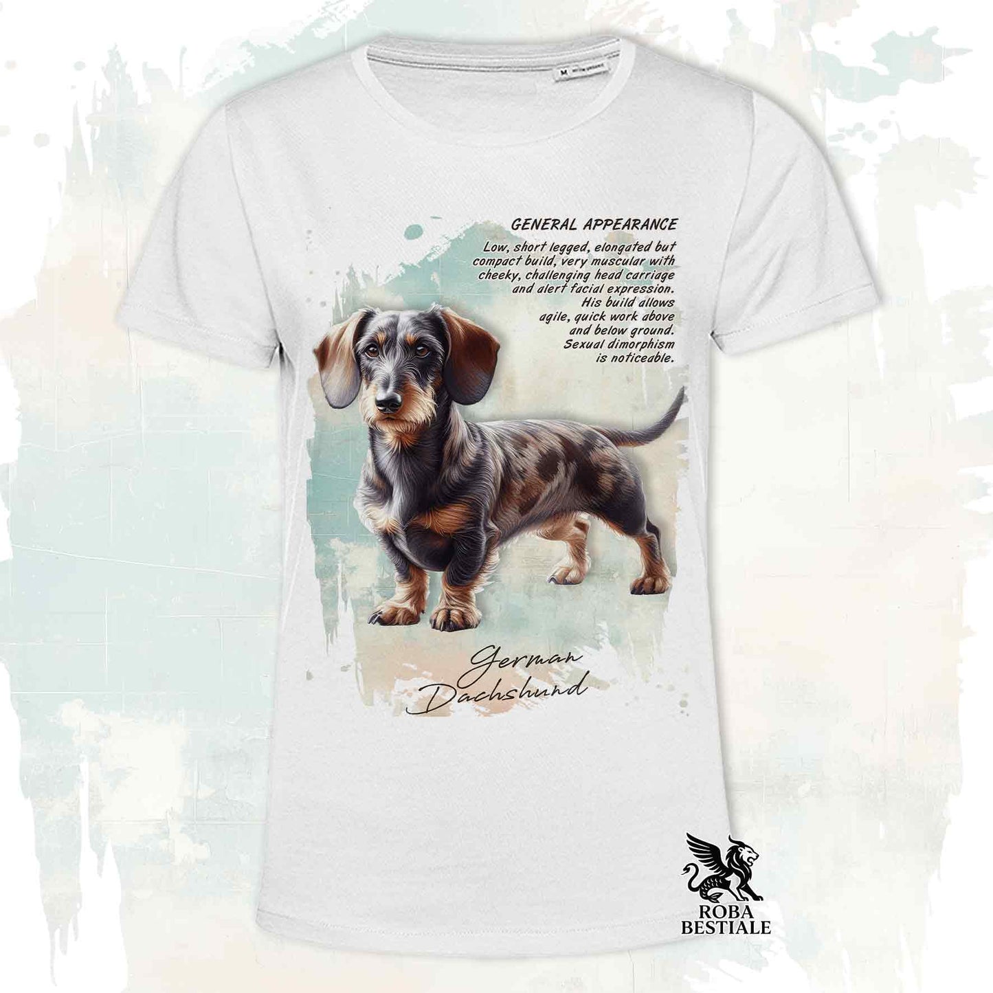 T-Shirt APPEARANCE - Brown Harlequin Wire-haired Dachshund - White or Beige, Men's or Women's - from XS to 5XL