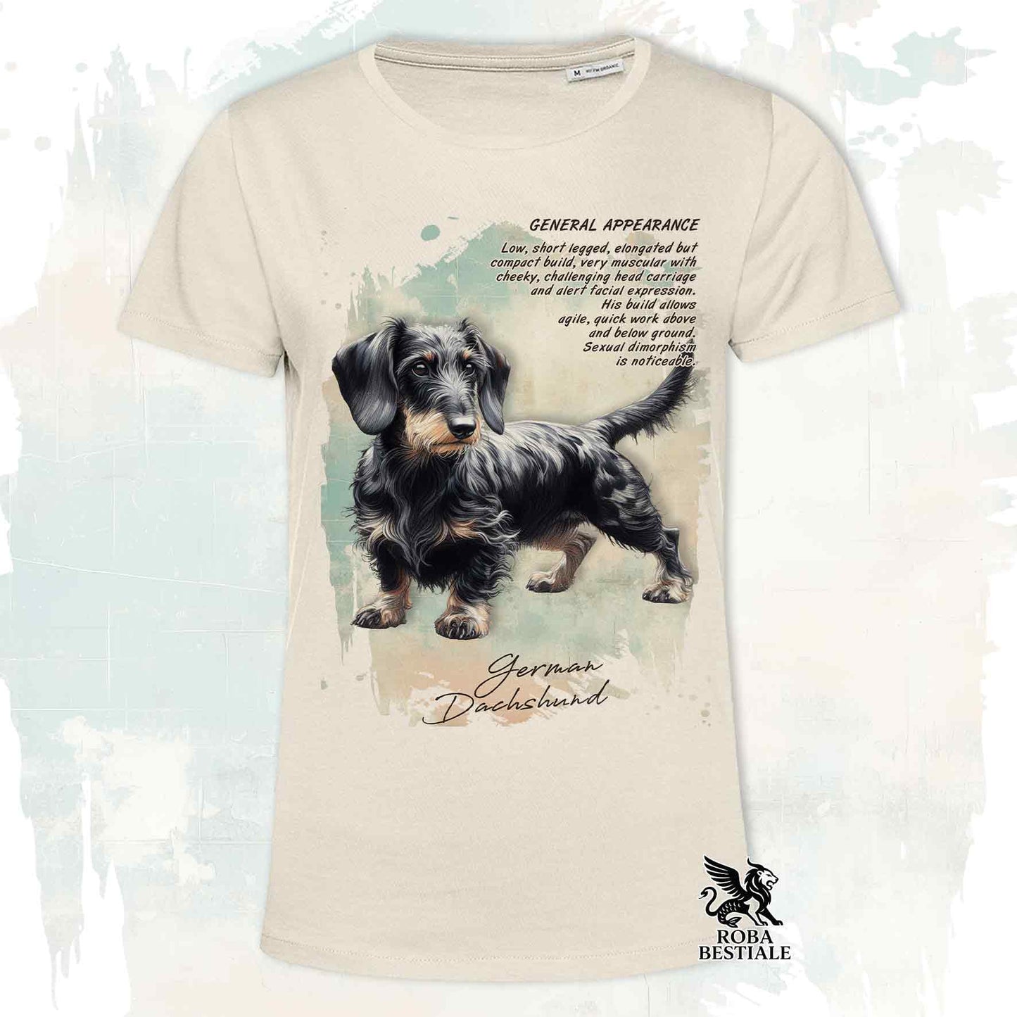 T-Shirt APPEARANCE - Black Dapple Wirehaired Dachshund - White or Beige, for Men or Women - from XS to 5XL
