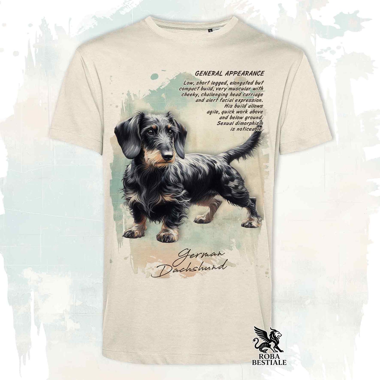 T-Shirt APPEARANCE - Black Dapple Wirehaired Dachshund - White or Beige, for Men or Women - from XS to 5XL