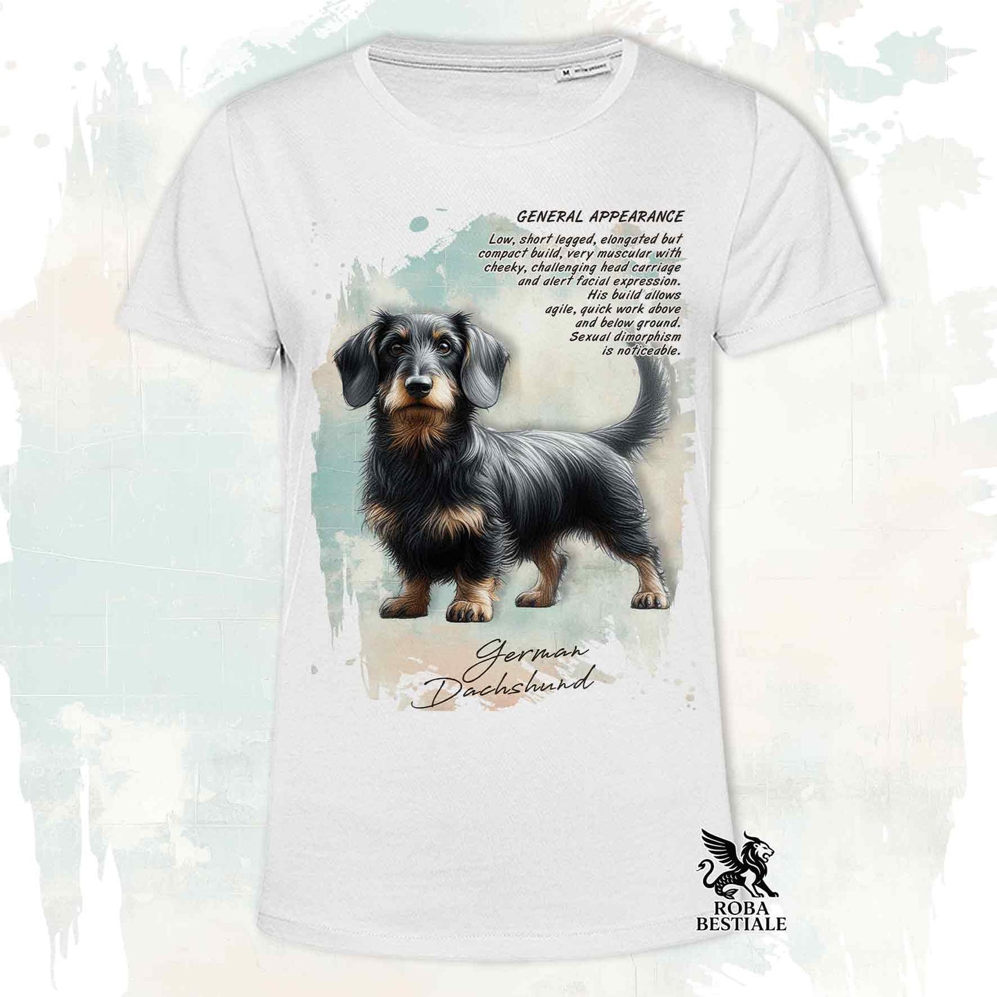 T-Shirt APPEARANCE - Black and Tan Wire-haired Dachshund - White or Beige, for Men or Women - from XS to 5XL