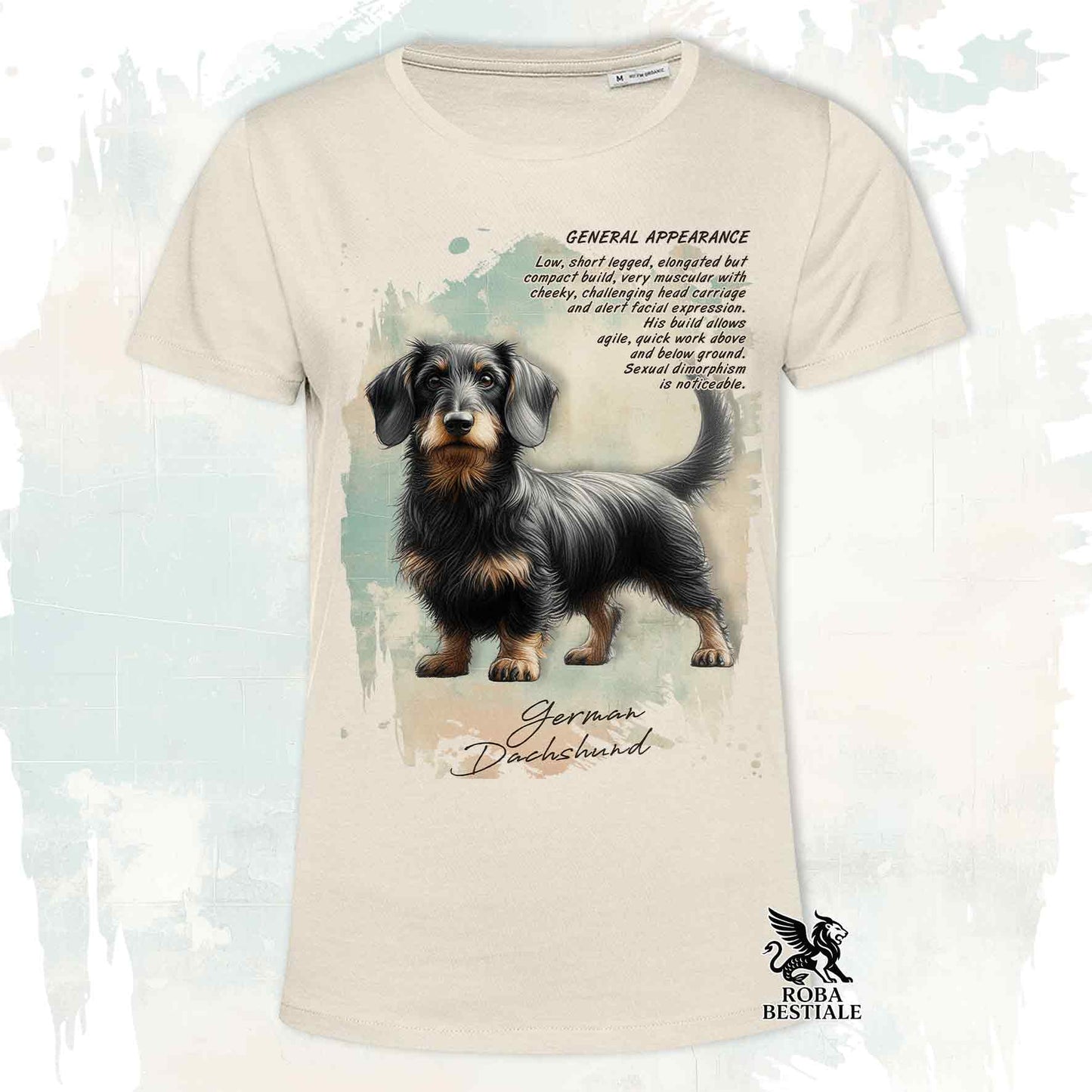 T-Shirt APPEARANCE - Black and Tan Wire-haired Dachshund - White or Beige, for Men or Women - from XS to 5XL