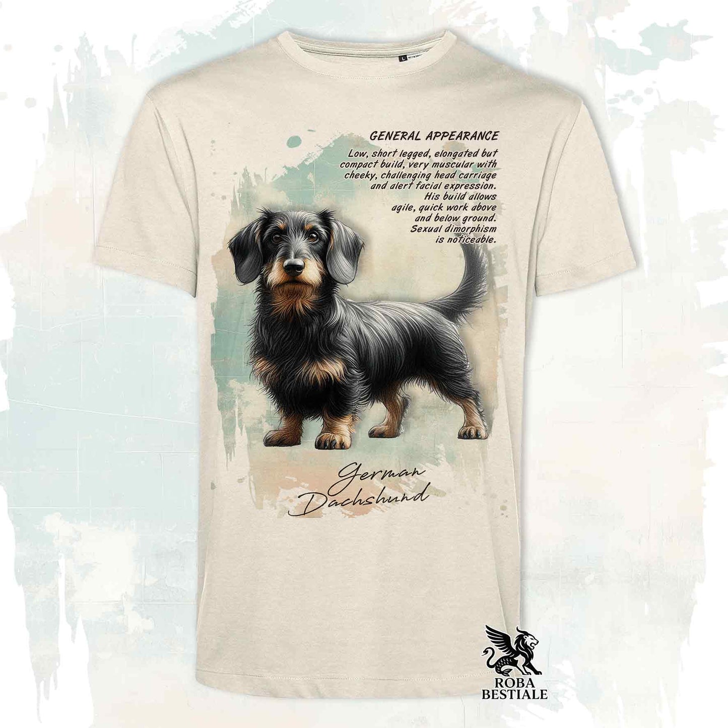 T-Shirt APPEARANCE - Black and Tan Wire-haired Dachshund - White or Beige, for Men or Women - from XS to 5XL