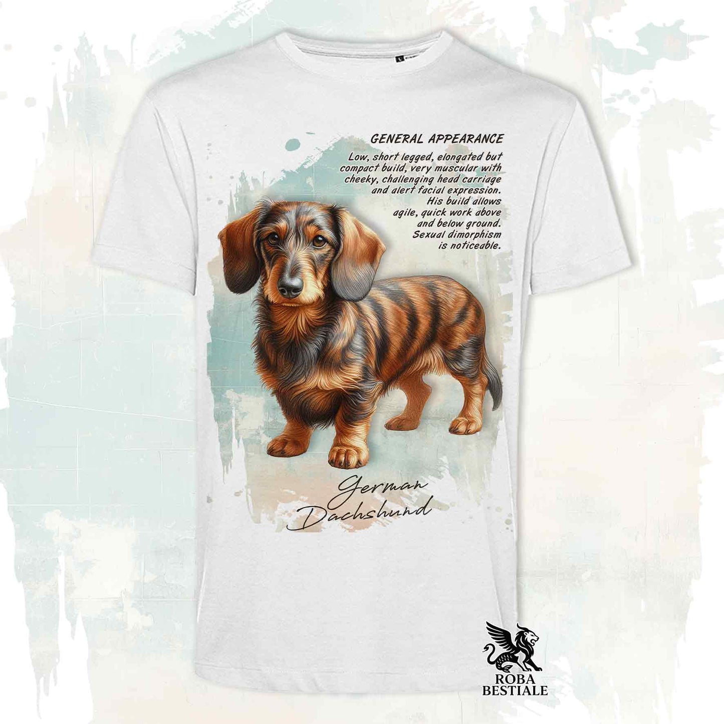 T-Shirt APPEARANCE - BASSOTTO a Pelo Duro Tigrato - Bianca o Beige, da Uomo o da Donna - dalla XS alla 5XL