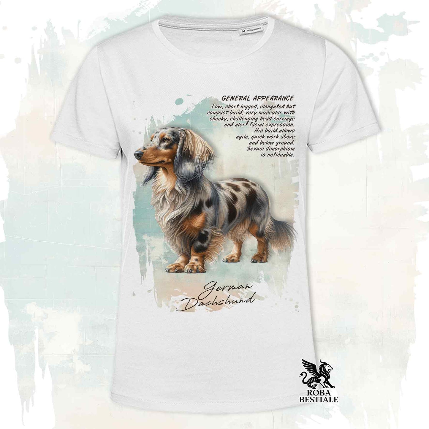 T-Shirt APPEARANCE - Harlequin Fawn Long-Haired Dachshund - White or Beige, Men's or Women's - from XS to 5XL