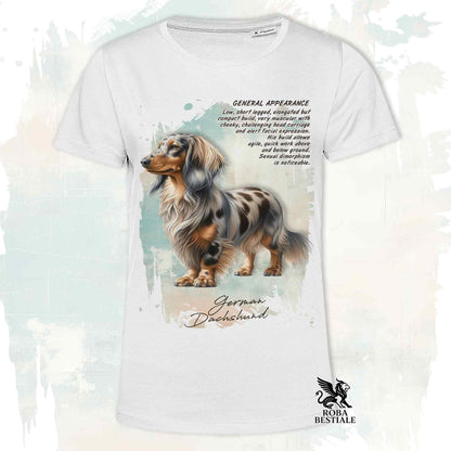 T-Shirt APPEARANCE - Harlequin Fawn Long-Haired Dachshund - White or Beige, Men's or Women's - from XS to 5XL