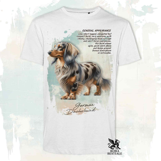 T-Shirt APPEARANCE - BASSOTTO a Pelo Lungo Arlecchino Fulvo - Bianca o Beige, da Uomo o da Donna - dalla XS alla 5XL